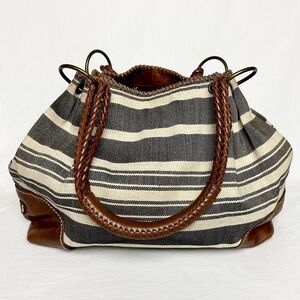 Mitzi Baker EUC Striped Canvas & Leather Shoulder Bag Cream, Navy, Sienna
